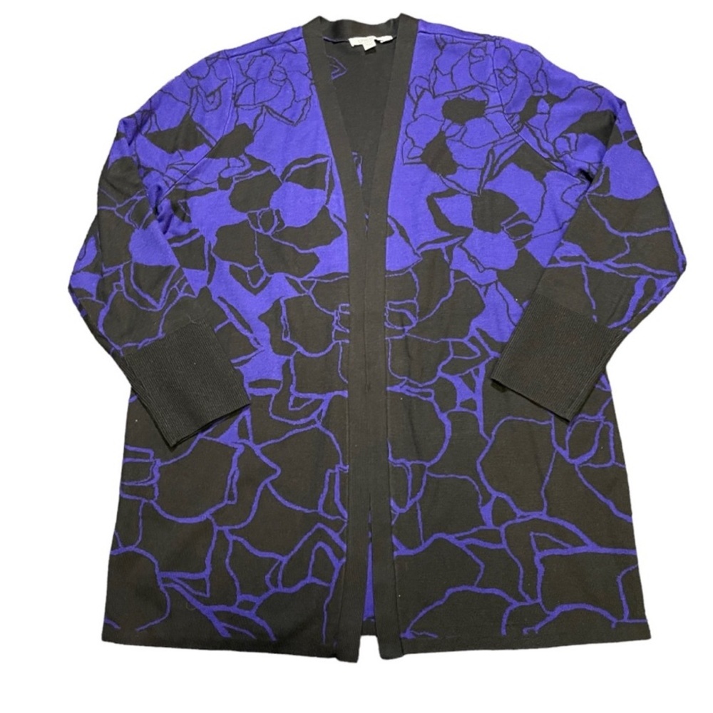 Chicos Cardigan Sweater Floral Long Line Size Large Black Blue New